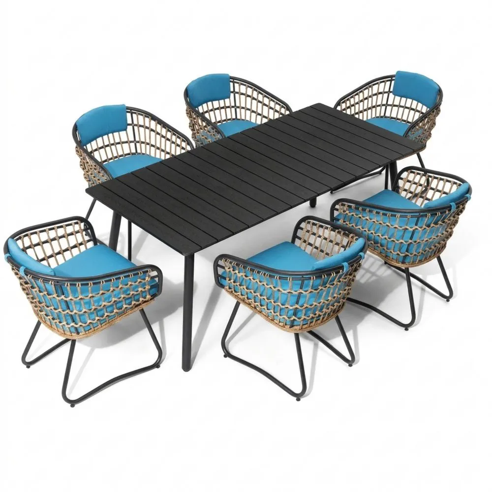 Set da pranzo da giardino con tavolo in metallo e sedie in rattan sintetico