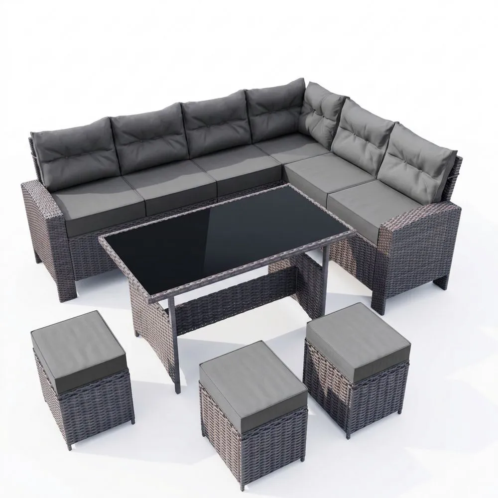 Set Salotto da Giardino in Rattan con Tavolo in Vetro Temperato e Sgabelli Grigi