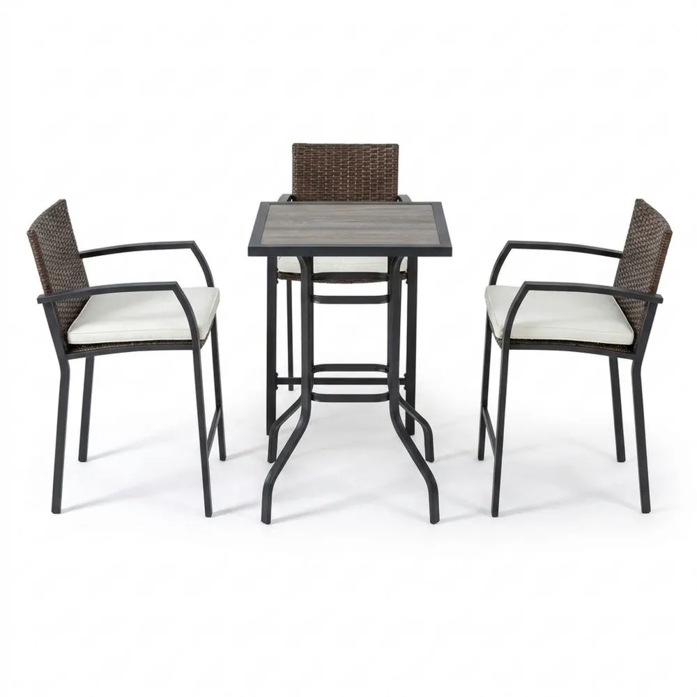 Set da pranzo da giardino 4 pezzi con tavolo quadrato in metallo e rattan e cuscini bianchi