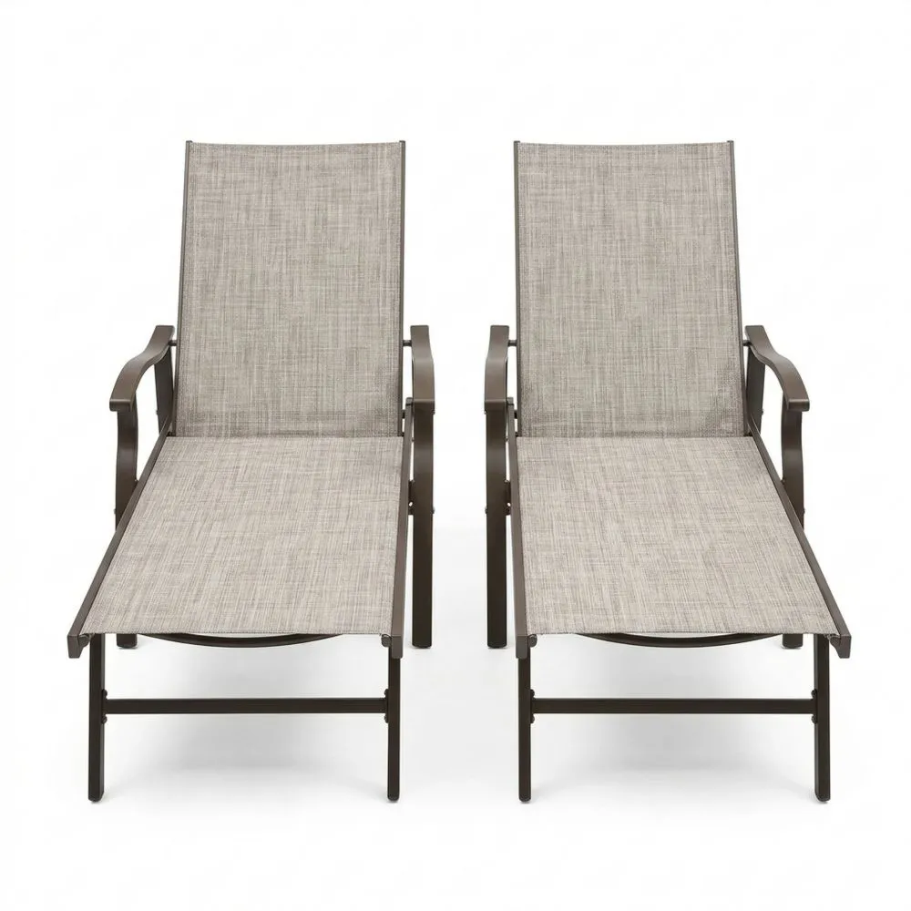Set di 2 Lettini Sdraio Reclinabili in Metallo e Tessuto PVC Grigio