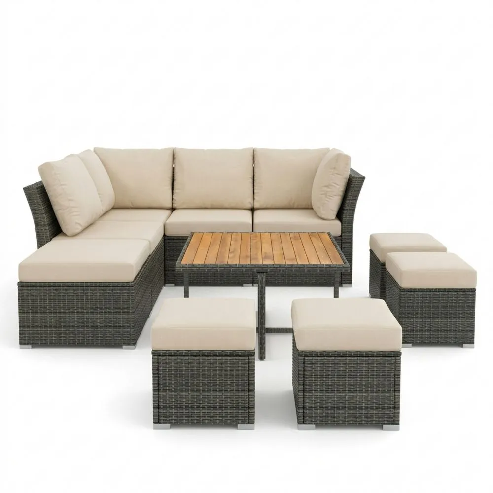 Set Divano Angolare in Rattan con Tavolino in Legno di Acacia