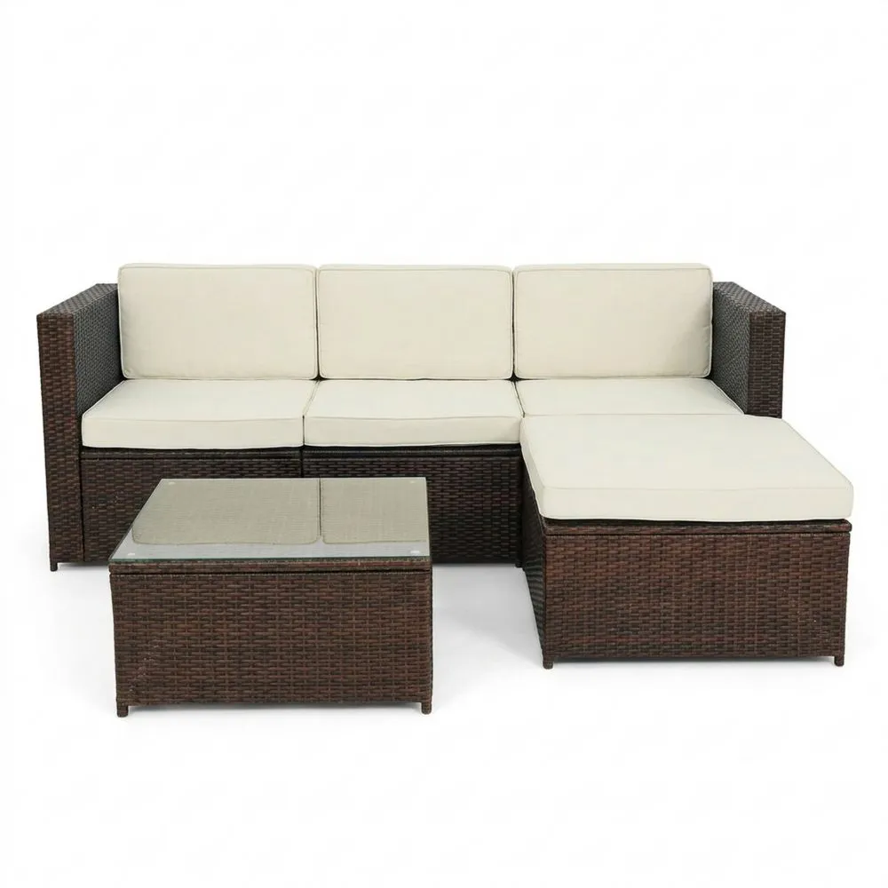 Set Divano da Giardino in Rattan con Tavolino in Vetro Temperato Marrone e Crema