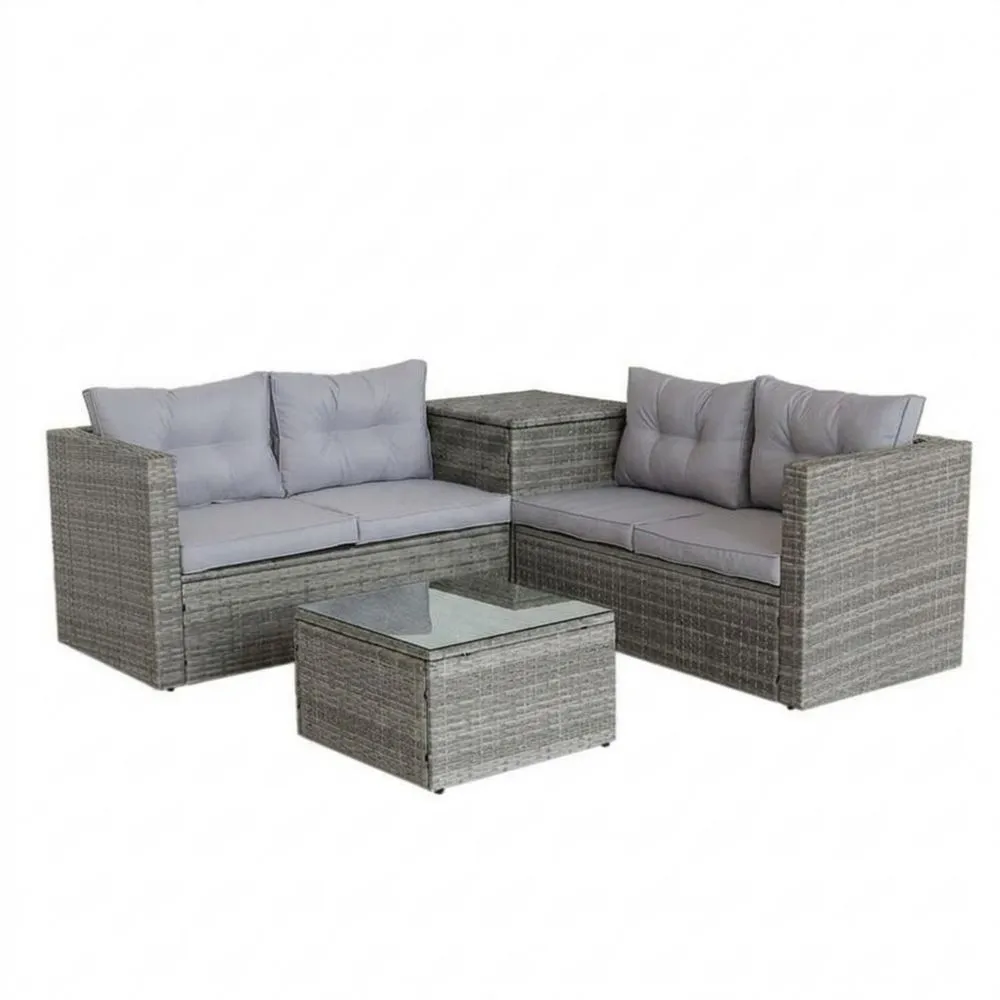 Set Divano in Rattan con Cuscini e Tavolino Vetro Temperato Grigio