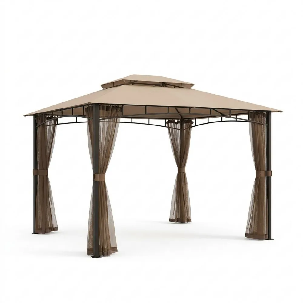 Gazebo da Giardino in Acciaio con Tettuccio e Tende in Poliestere