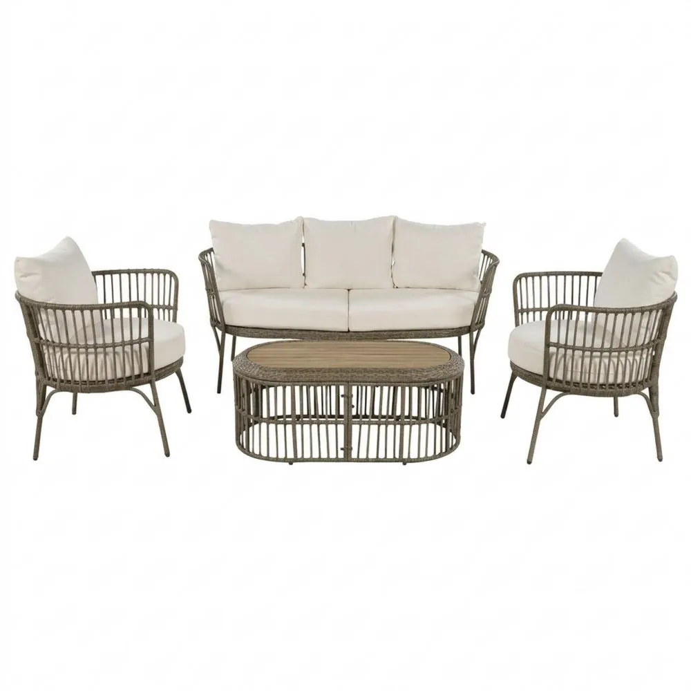 Set di divani da giardino in rattan sintetico con cuscini in poliestere beige