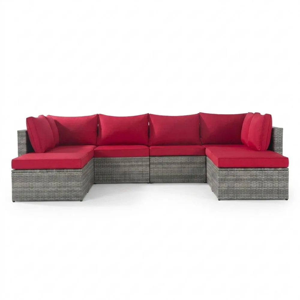Divano angolare modulare da esterno in rattan con cuscini rossi