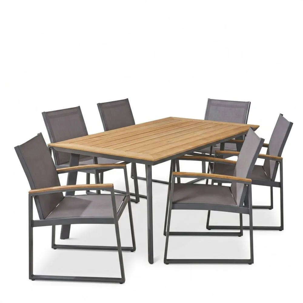 Set pranzo giardino con tavolo in teak e 6 sedie in metallo e tessuto sintetico grigio