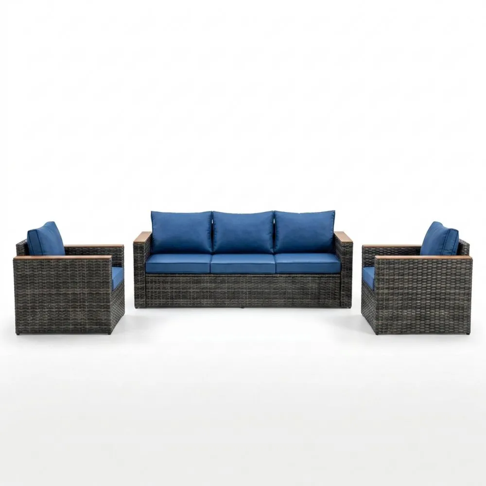 Set Divano da Giardino in Rattan Sintetico con Cuscini Blu