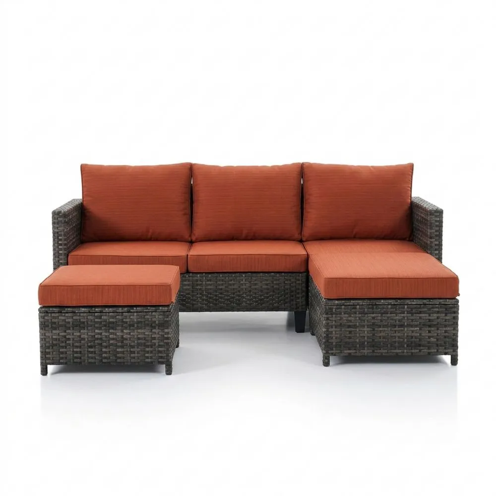 Set Divano Angolare da Giardino in Rattan con Cuscini in Poliestere Arancioni