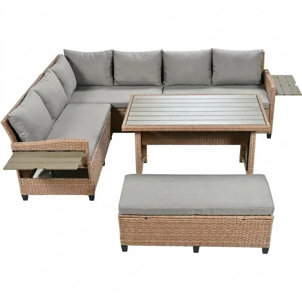 Set Divano Angolare Giardino in Rattan con Tavolo Alluminio e Poggiapiedi, Cuscini Grigi