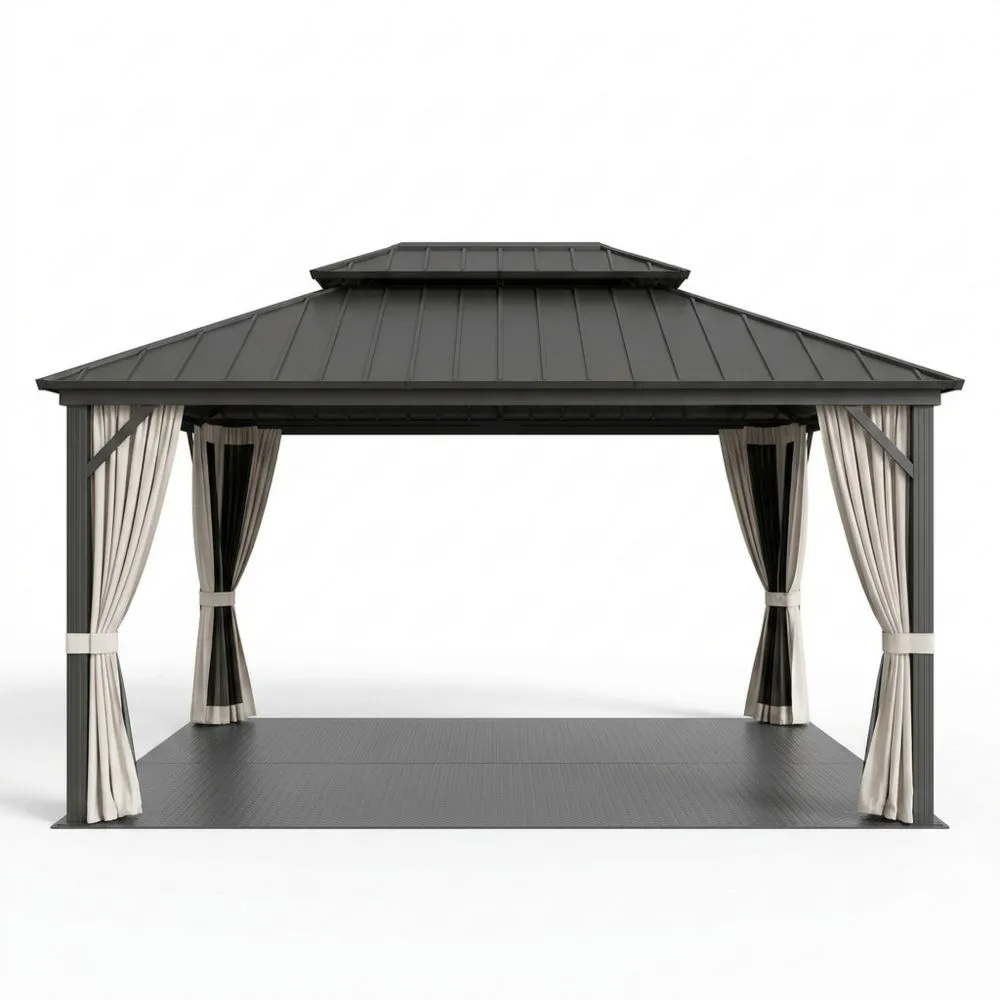 Gazebo da Giardino in Alluminio con Tetto in Acciaio e Tendaggi in Poliestere