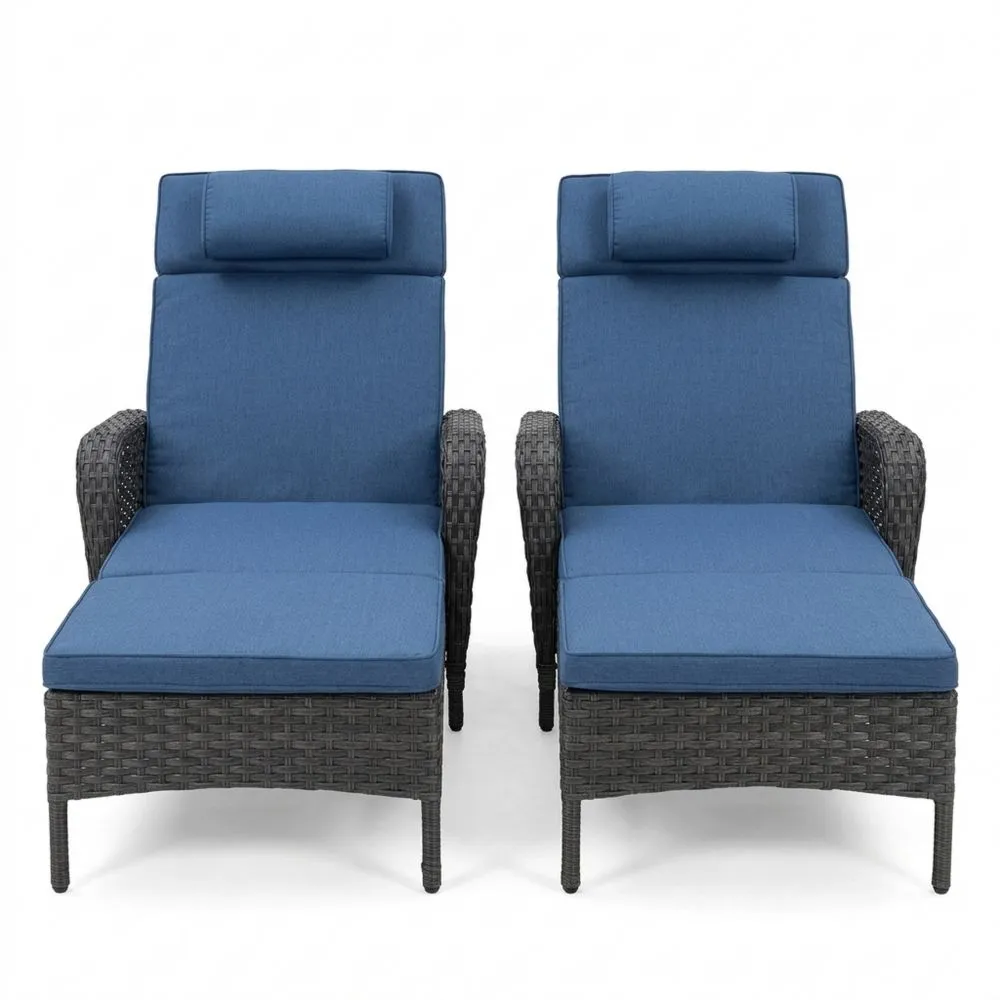 Set di 2 Poltrone Reclinabili in Rattan PE con Cuscini Blu