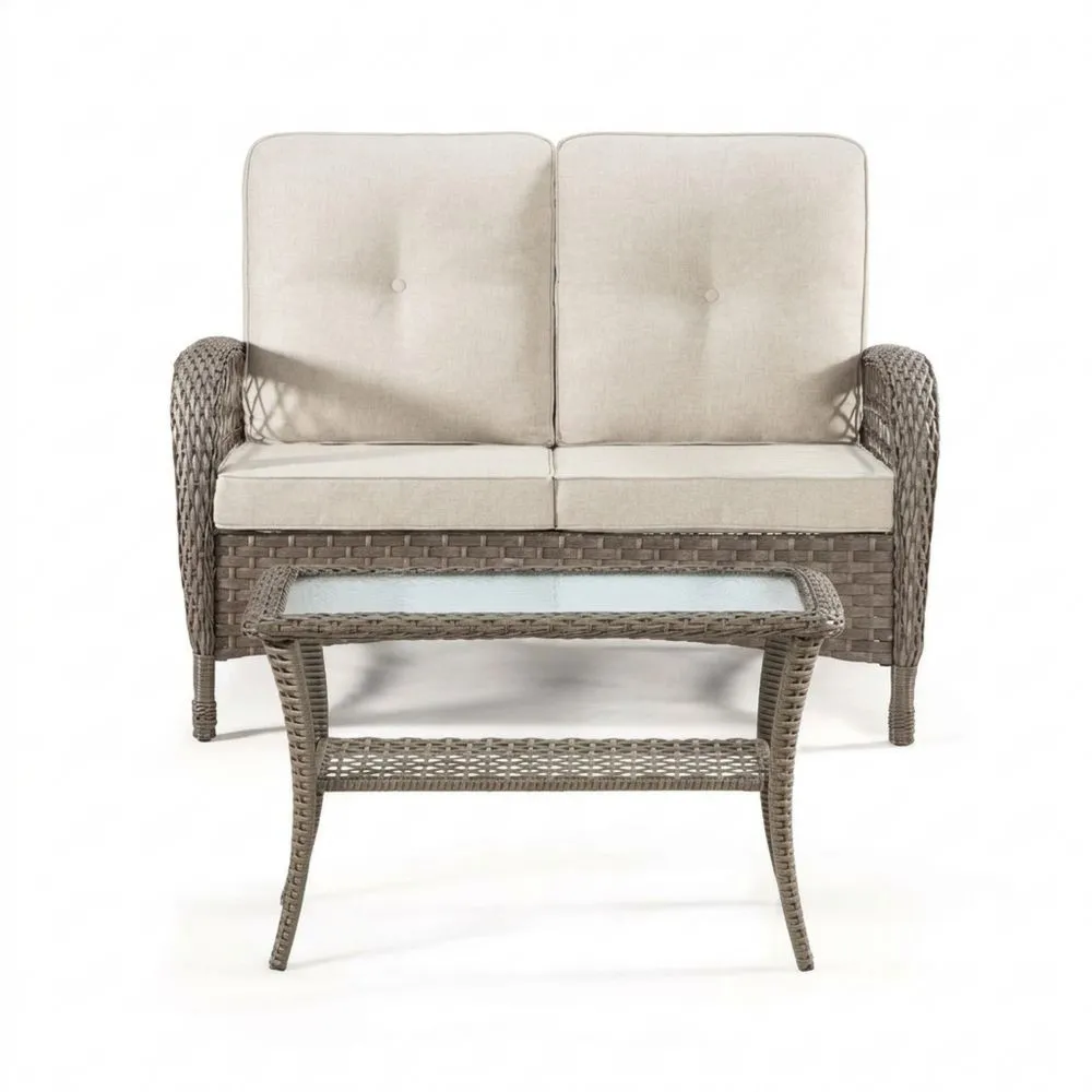 Set Divano in Rattan Sintetico e Tavolino Vetro