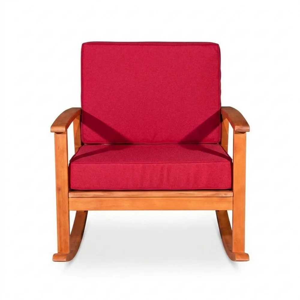 Sedia a dondolo in legno massello con cuscini rossi