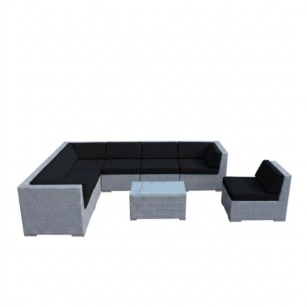 Set Divano da Giardino in Rattan PE con Cuscini Neri e Tavolino