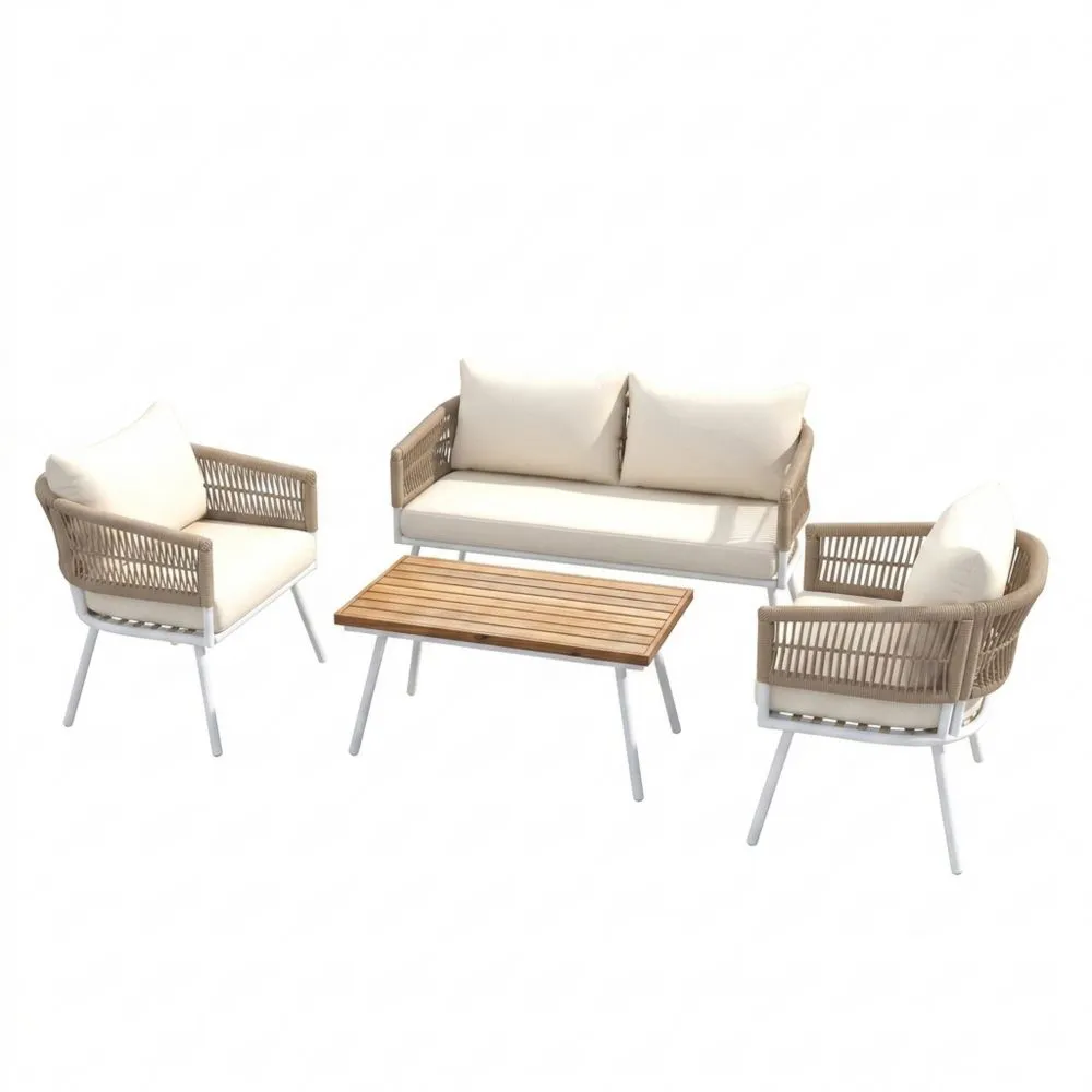 Set arredo giardino in rattan con cuscini in poliestere e tavolino in legno