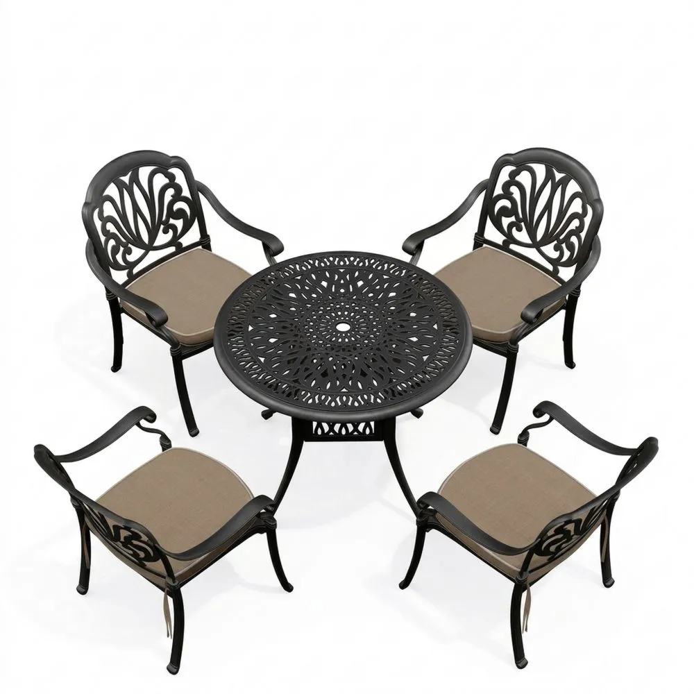 Set da pranzo da giardino in alluminio nero con tavolo rotondo e sedie con cuscini