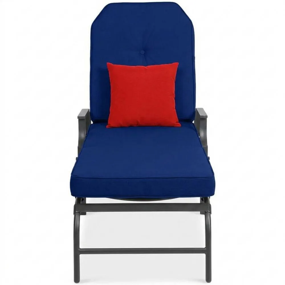 Sedia a sdraio con supporto in acciaio e cuscini blu e rossi