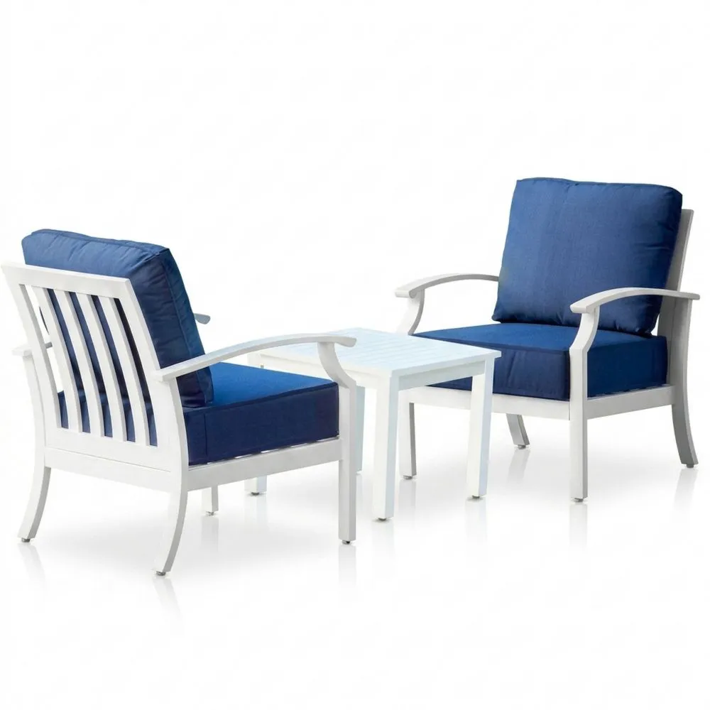 Set da Giardino in Alluminio con Cuscini Blu e Tavolo Bianco