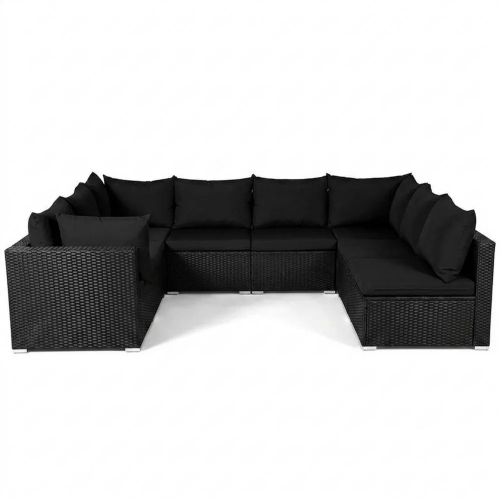 Divano Angolare in Rattan Sintetico Nero con Cuscini