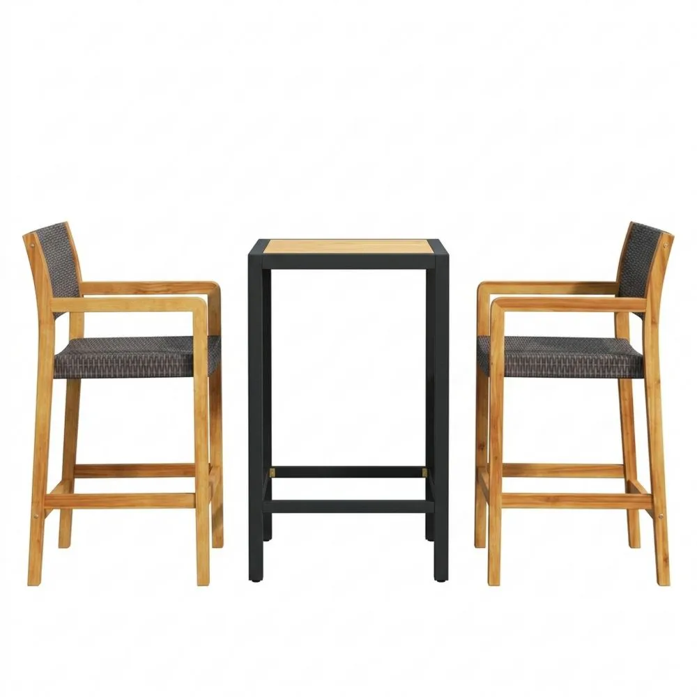 Set da bar con tavolo alto e 2 sedie in teak e acciaio