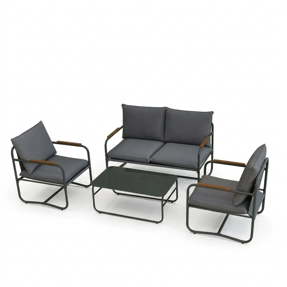 Set di Divani da Giardino in Acciaio con Cuscini Grigi