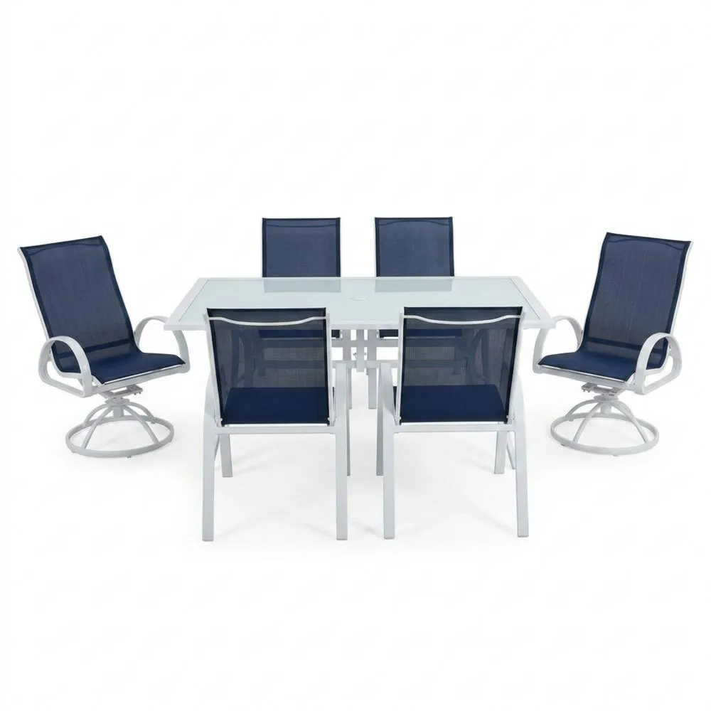 Set tavolo da pranzo in alluminio con vetro temperato e sedie textilene blu