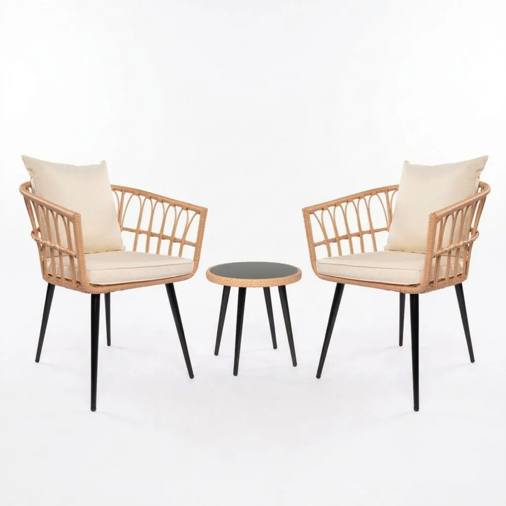 Set relax da giardino 3 pezzi con tavolino e sedie in rattan e acciaio