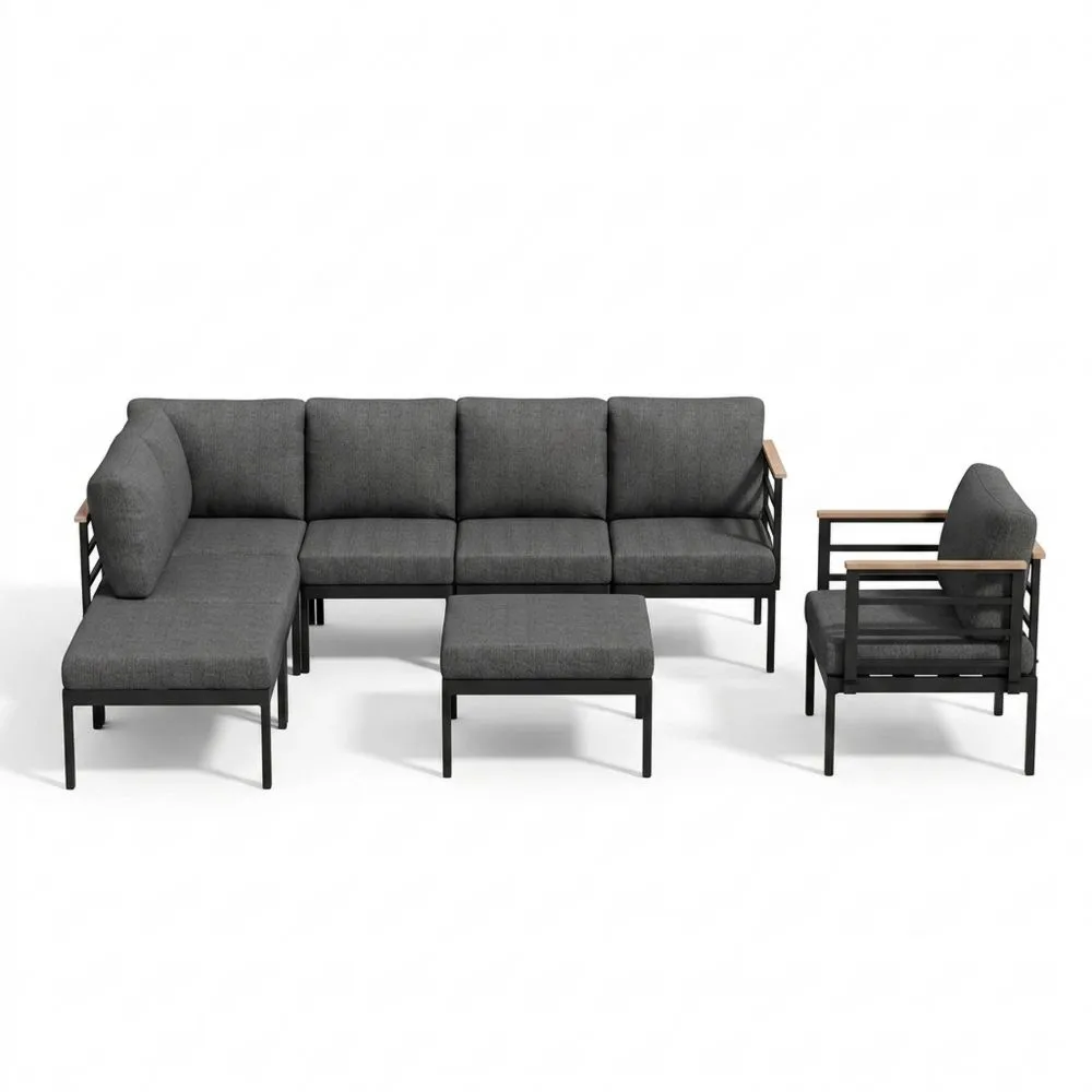 Divano modulare da esterno in tessuto con struttura in acciaio e braccioli in legno di acacia