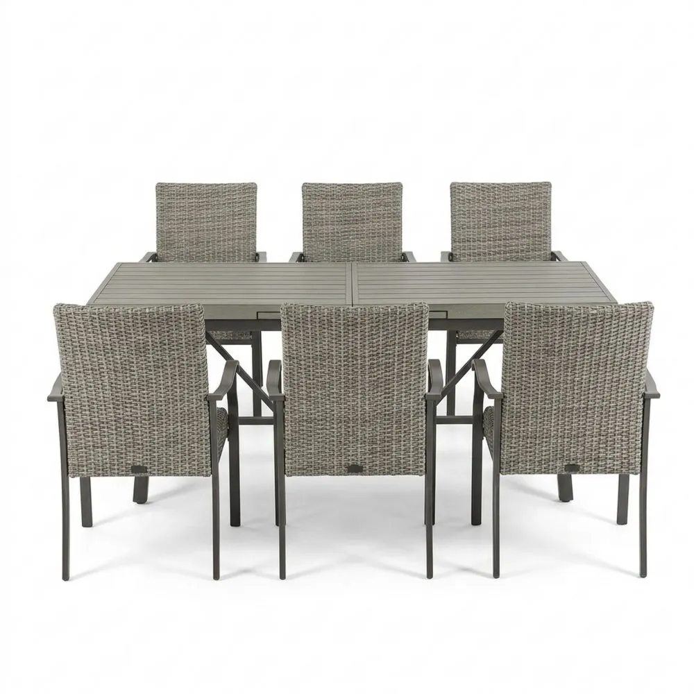 Set da pranzo da giardino con tavolo e 6 sedie in alluminio e rattan grigio