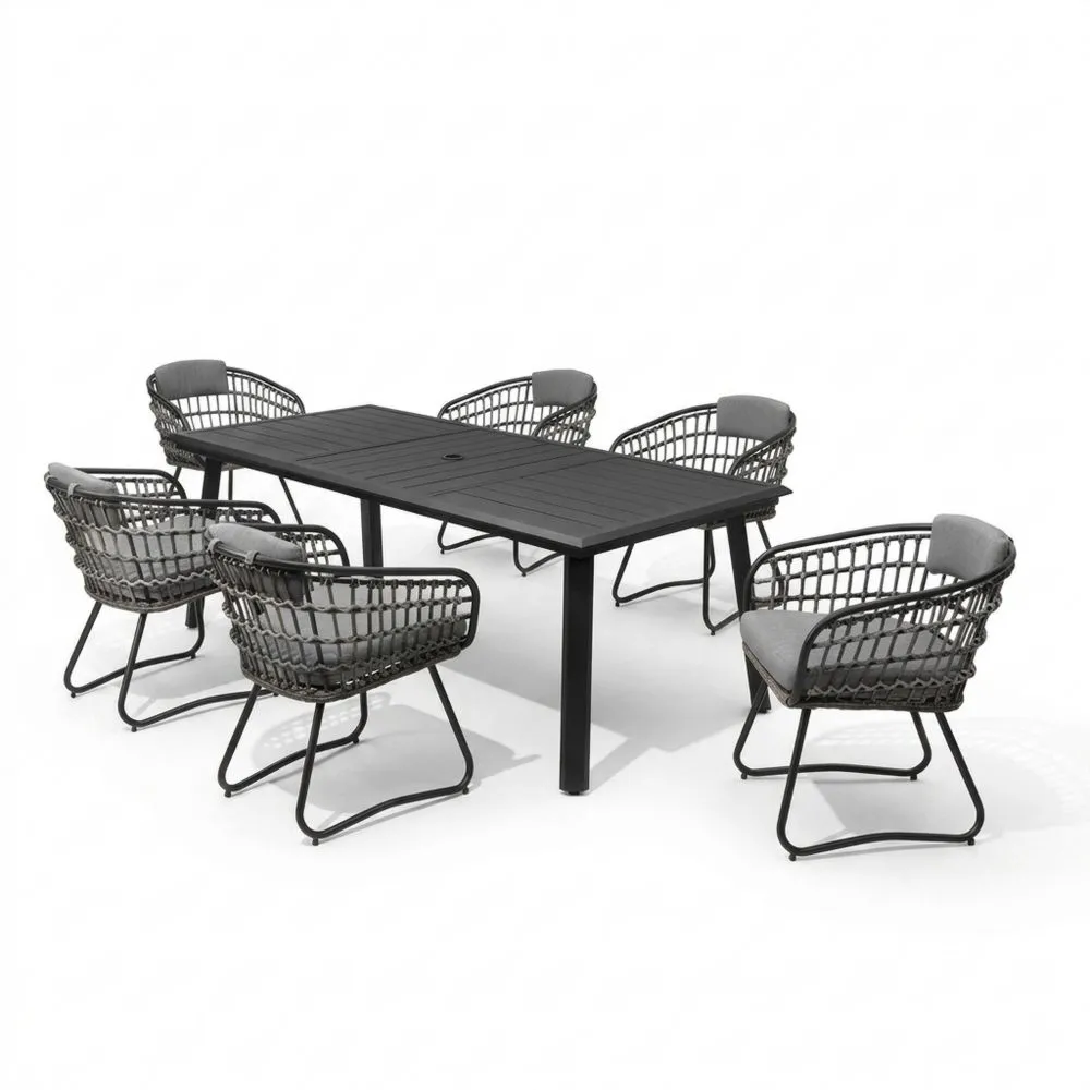 Set da pranzo da giardino con tavolo in alluminio nero e sedie in corda