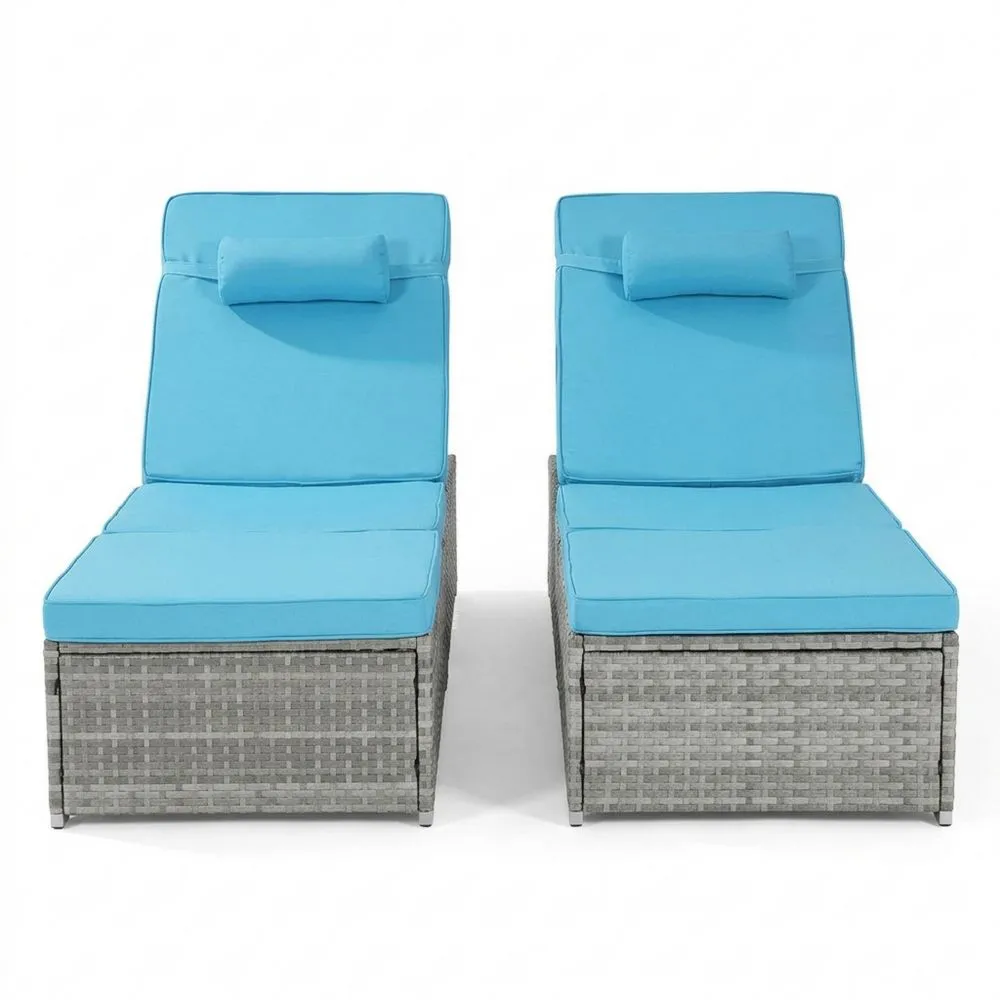 Set di 2 Lettini Prendisole in Rattan con Cuscini Blu