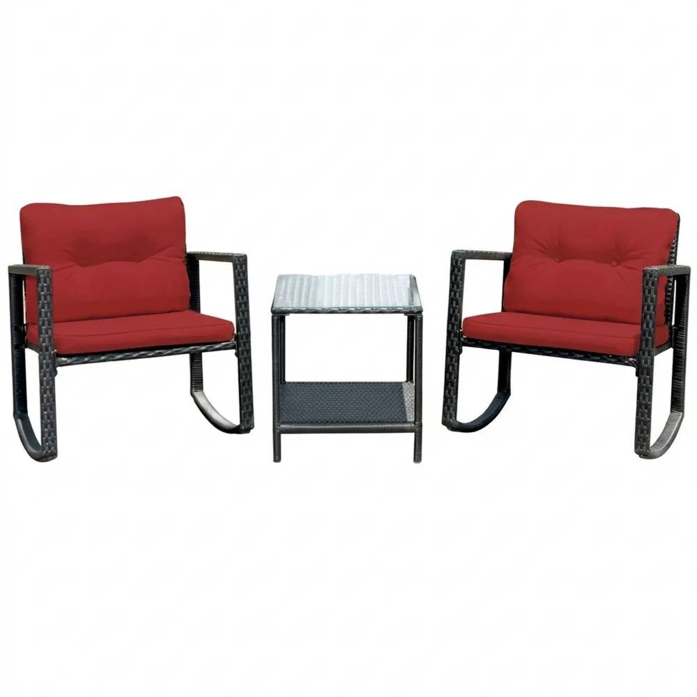 Set Giardino con 2 Sedie a Dondolo in Rattan Nero e Tavolino in Vetro