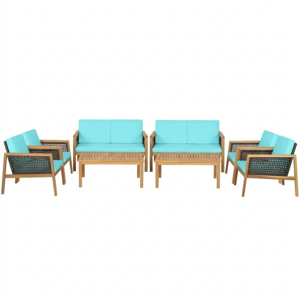 Set Divani Esterni in Legno di Acacia con Cuscini Blu