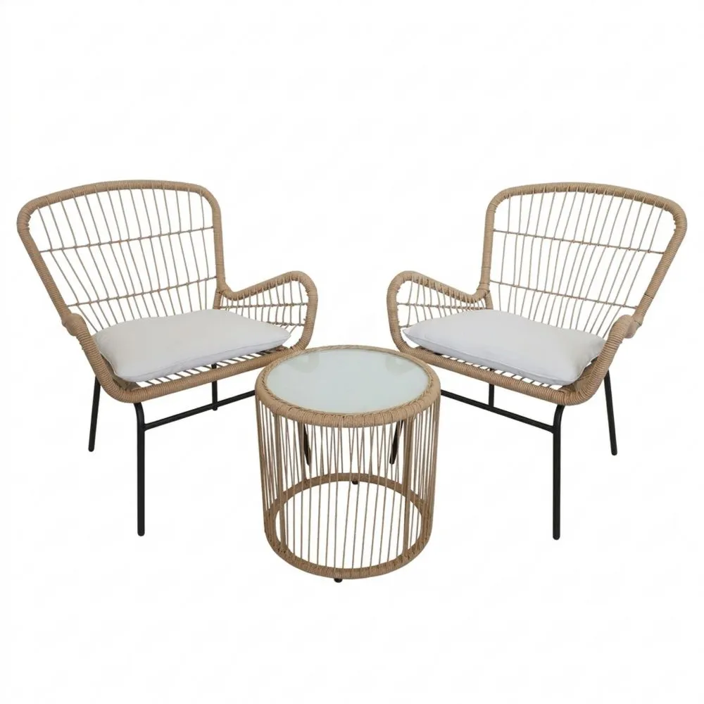 Set sedute relax 3 pezzi con tavolino in vetro e poltrone in rattan