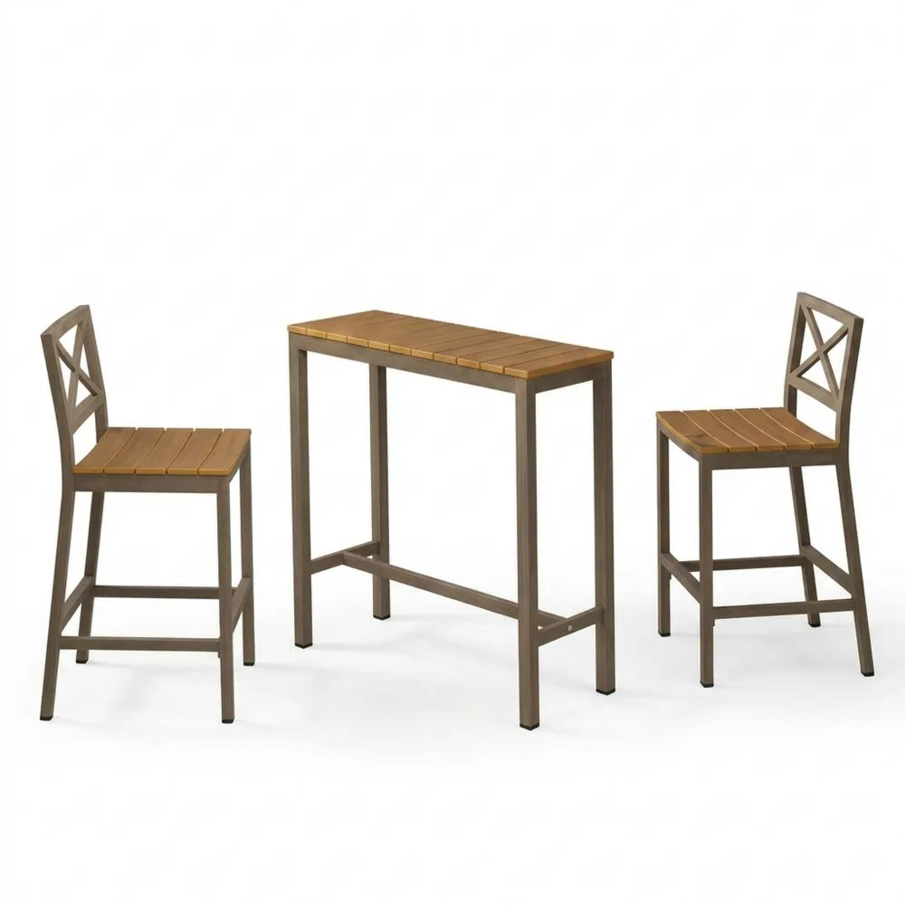 Set da bar con tavolo in acciaio e legno di acacia e due sedie