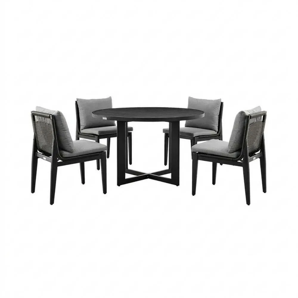 Set da pranzo da giardino con tavolo rotondo e 4 sedie in alluminio e rattan sintetico nero/grigio