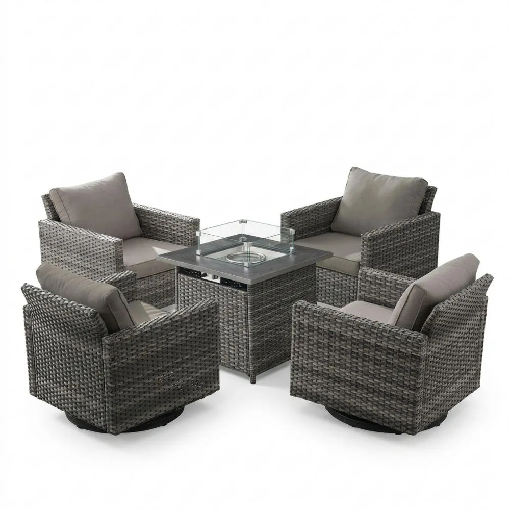 Set Salotto da Giardino in Rattan con Sedie Girevoli e Tavolo Caminetto