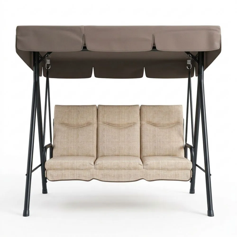 Altalena da Giardino a Tre Posti in Acciaio con Cuscini Beige e Tettuccio Marrone