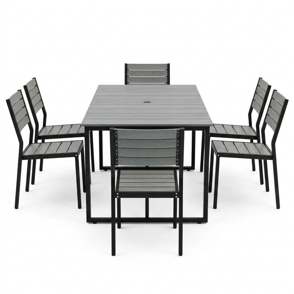 Set da pranzo da giardino con tavolo e sedie in alluminio e legno composito grigio