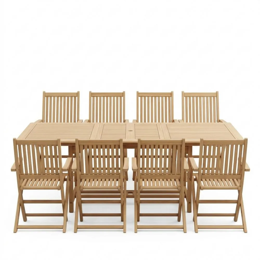 Set da pranzo da giardino con tavolo rettangolare in legno di acacia e 8 sedie pieghevoli