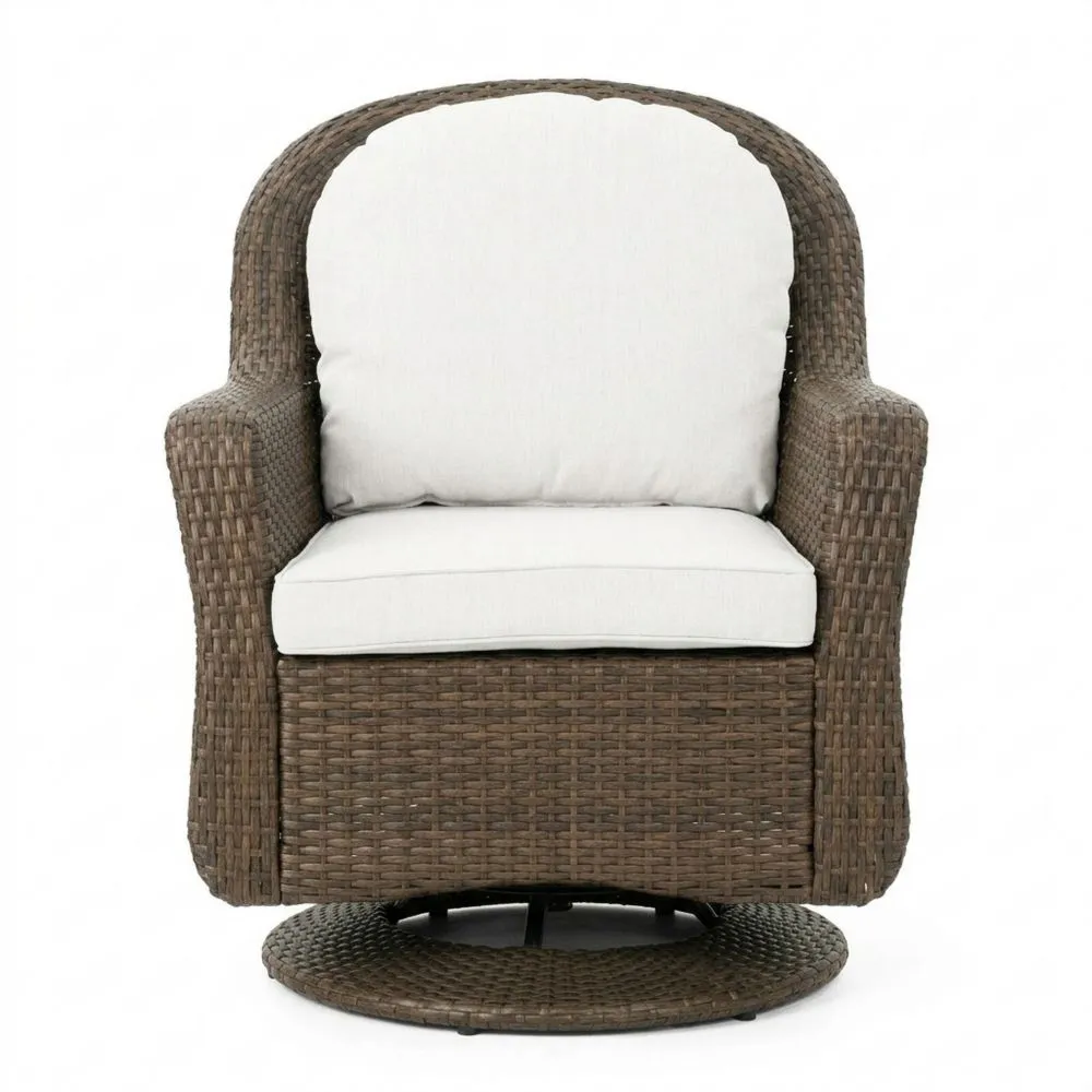 Poltrona Rotante in Rattan con Cuscini in Poliestere Bianco