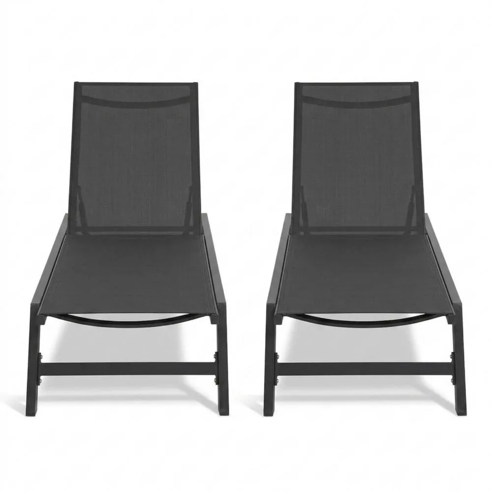 Set 2 Lettini Prendisole in Alluminio Nero con Tessuto in Poliestere