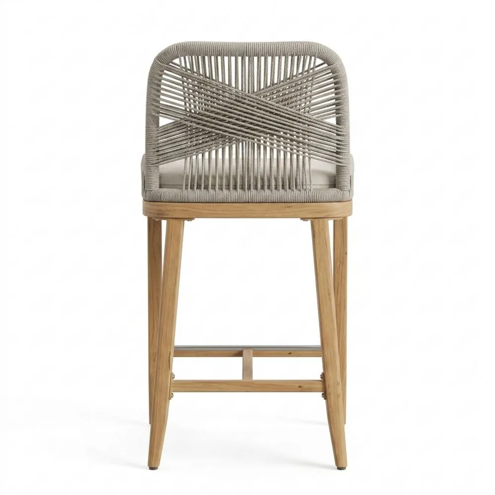 Sgabello Bar in Legno di Teak e Corda Grigio Chiaro