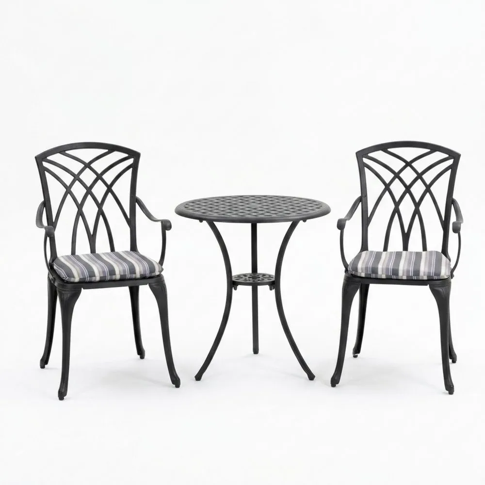 Set da pranzo da giardino in alluminio nero con tavolo rotondo e sedie con cuscini