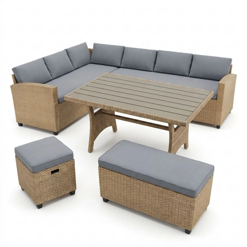 Set Divano Angolare in Rattan Sintetico con Cuscini in Poliestere Grigi