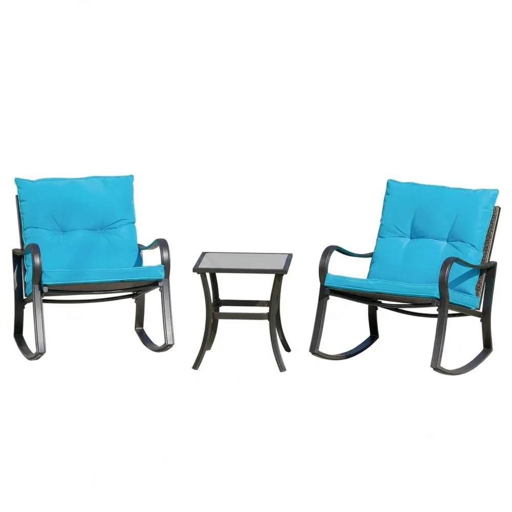 Set di sedie relax da giardino con 2 sedie a dondolo e tavolino in vetro temperato blu