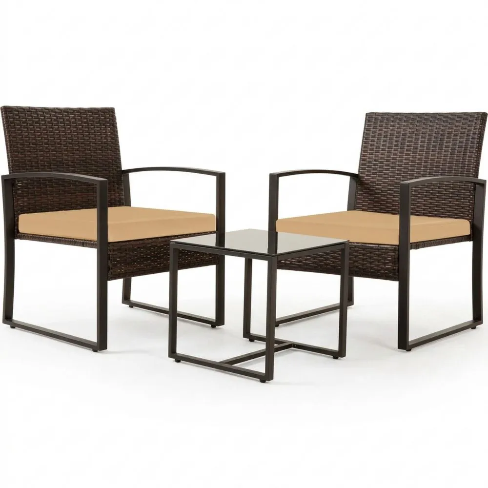 Set di sedie relax da giardino in acciaio e rattan marrone con cuscini color crema