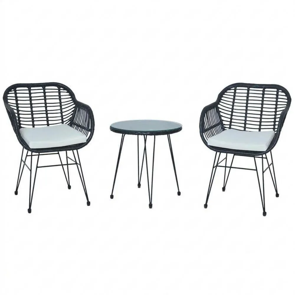 Set di sedie relax da giardino in rattan sintetico nero con tavolino e cuscini bianchi