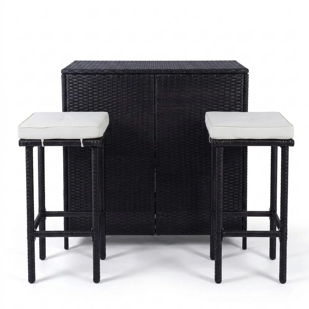 Set Bar Esterno Rattan Nero con Sgabelli e Cuscini Bianchi